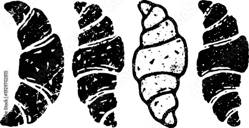 Four croissant outlines in black and white, hand drawn bakery food illustration