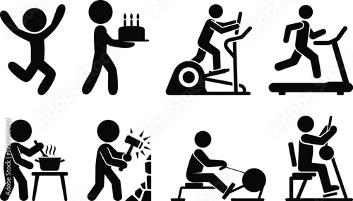 Illustrations of various exercise activities and equipment