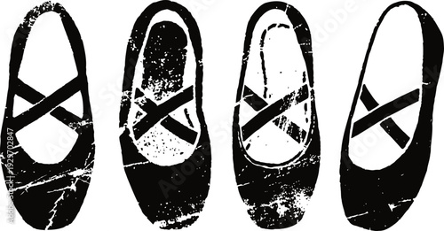 black ballet slippers with worn and distressed texture in various angles and positions