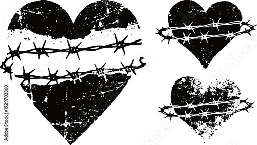 Grunge hearts wrapped with barbed wire distressed love symbol with sharp wire protection and rough texture