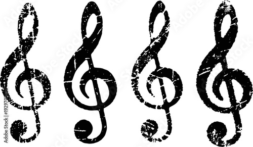 Grunge treble clef set distressed music symbols in black vintage texture notation design icons