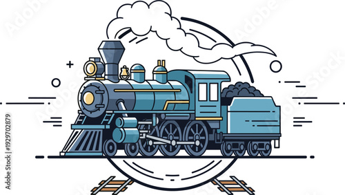 Vintage Blue Steam Locomotive Train Engine with Smoky Chimney and Speed Lines Illustration, Retro Line Art Railway Transport Scene in Circular Frame for Travel History Adventure and Nostalgia Designs