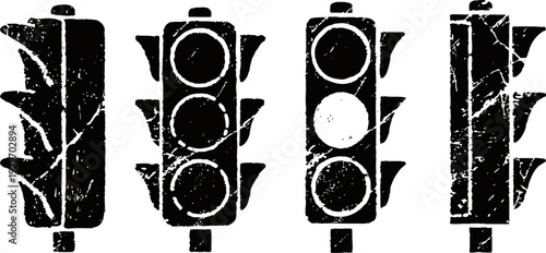vintage grunge traffic light icons set with red, yellow, and green signals in distressed