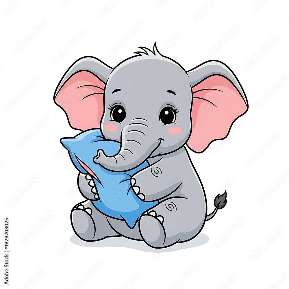 Obraz premium Cute cartoon elephant with blue pillow.