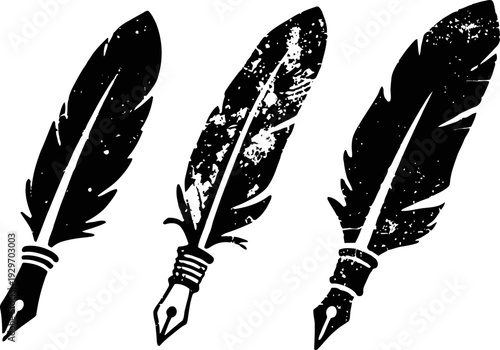 Three vintage quill pen silhouettes ink writing tools with feather nibs for calligraphy and drawing