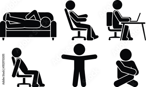 Illustration of various sitting and relaxing postures with people