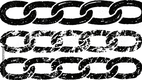 three grunge distressed chains, linked metal chain elements in black textured