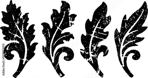 Vintage ornamental floral leaves design elements in black silhouette grunge