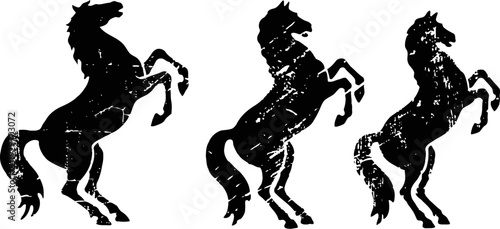 vintage silhouette set of three rearing horses with textured distressed effect