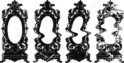 Ornate vintage frame with progressive mirror distortion effect in black silhouette set