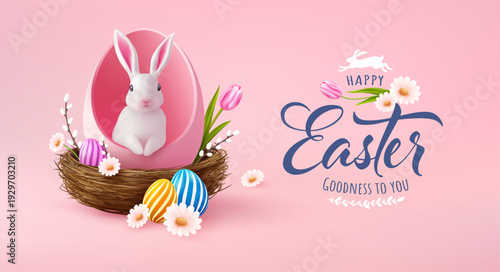 Easter card with a cute bunny nestled inside a pink egg, surrounded by colorful Easter eggs, flowers, and greenery, perfect for celebrating the season of renewal and joy.