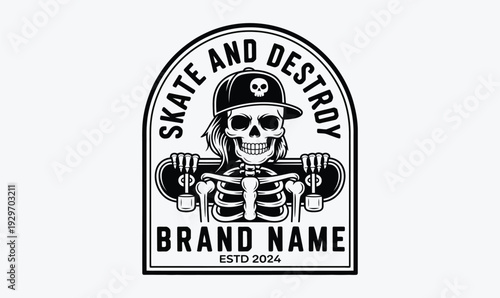 Vintage Skate and Destroy Skeleton Mascot Logo with Baseball Cap and Skateboard for Urban Streetwear and Skate Shop Branding
