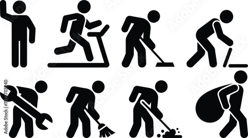 A series of black and white icons depicting various activities and chores