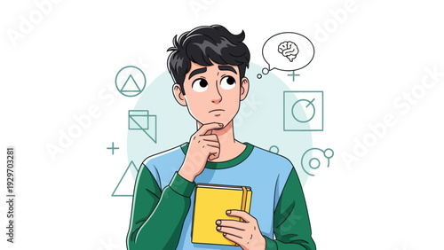 Young man pondering a thought with brain illustration graphic concept