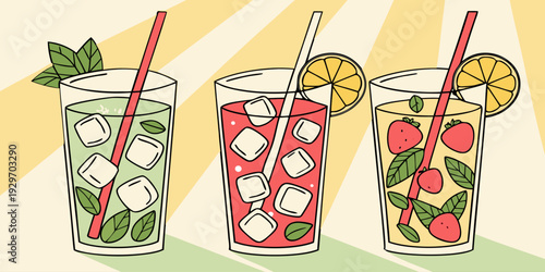 Modern summer beverage banner featuring refreshing drinks and fruit decoration. Perfect for drink promotion, seasonal sale campaign and social media marketing.