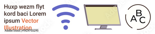 Digital connectivity, communication tools, networking, media design, education, online interaction. wireless icon, computer monitor ABC graphic element. Digital connectivity and communication tools