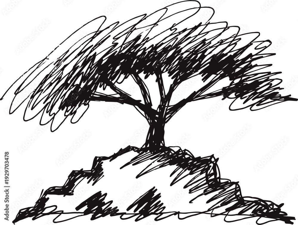 Fototapeta premium hand drawn sketch of a tree on a rocky hill with dense foliage in black ink