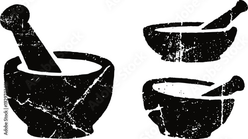 Mortar and pestle silhouettes in vintage distressed for herbal and cooking concepts
