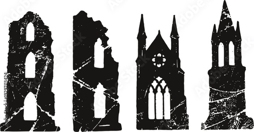 silhouettes of four damaged church towers with broken windows and worn texture