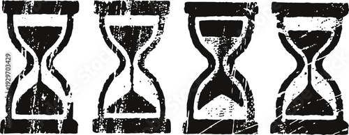 Four vintage hourglass silhouettes set, distressed black time measuring icons with sand inside