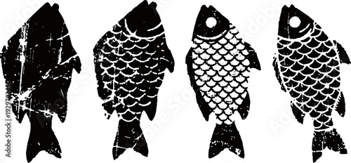 Four distressed fish silhouettes with scale patterns in black vintage texture