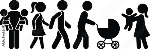 Diverse group of people walking together including a family with a stroller