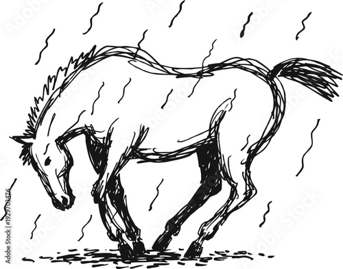 Sad horse standing in heavy rain, wet and lonely animal sketch drawing, melancholic and gloomy mood