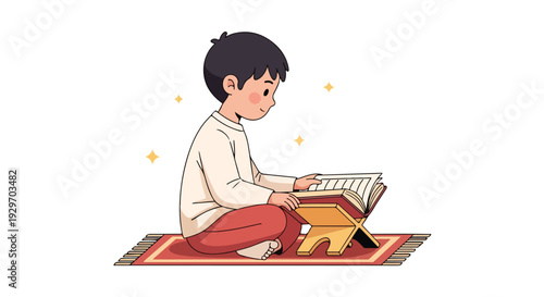 A young boy sits cross-legged on a colorful rug reading a book with a smiling expression and a stuffed animal beside him on a white background.