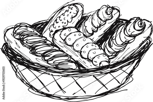 Basket filled with assorted fresh bread loaves and baguettes in a woven basket sketch