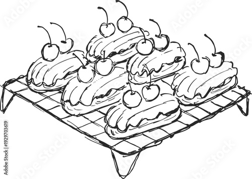 Detailed black and white sketch of eclairs with cream and cherries on cooling rack