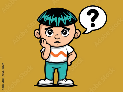 Cartoon boy with puzzled expression and question mark speech bubble on yellow background