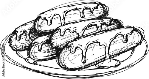 Plate of eclairs with creamy icing topping, classic french dessert sketch illustration