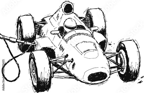 Vintage open wheel race car sketch with driver, dynamic speed and motion illustration
