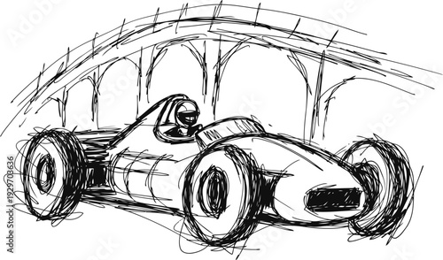 Vintage race car sketch in motion with driver and arched bridge background, retro racing illustration