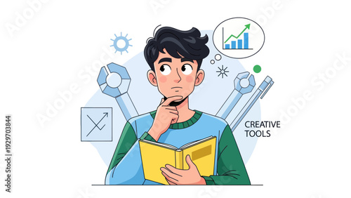 Young man pondering business growth creative tools thought bubble concept