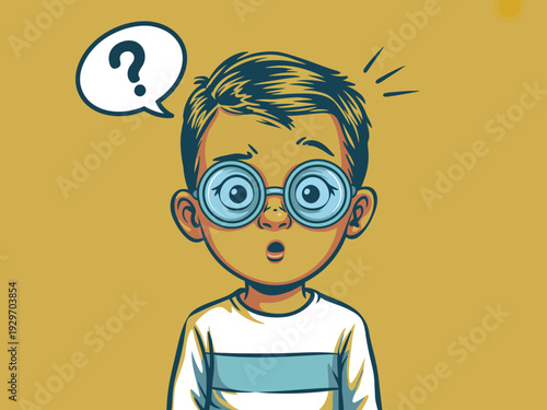 Cartoon boy with surprised expression and question mark speech bubble on yellow background