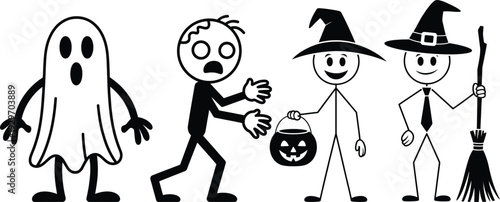 Group of halloween-themed characters including a ghost, a skeleton, and two witches