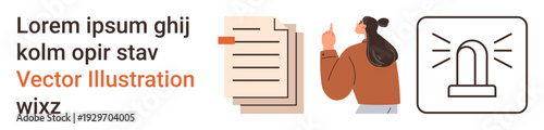 Communication, notifications, task management, alerts, organization, digital documentation. A person pointing to a document with an alert icon next to it. Communication and notifications concept