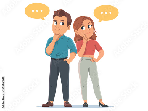 Cartoon couple thinking and discussing ideas with speech bubbles above their heads together