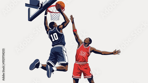 Basketball players in action dunking a ball in a dynamic vector illustration