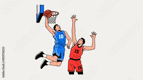 Basketball players in action dunking a ball in a sporting competition