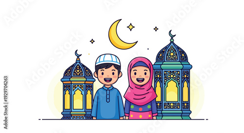 A cartoon illustration of a smiling man and woman wearing traditional Islamic clothing standing between two colorful lanterns with a crescent moon above them on a white background with a