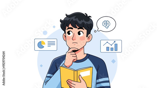 Young man contemplating data analysis with book and thought bubble