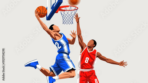 Basketball players in action dunking a ball in vector illustration