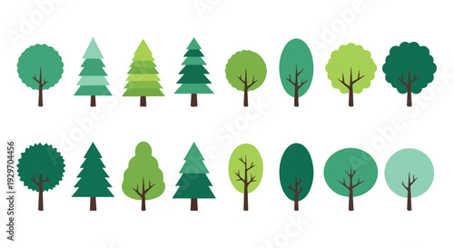 A flat lay illustration of various green tree icons arranged in two rows against a clean white background.