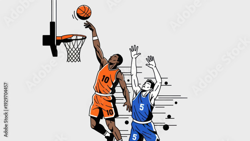 Basketball players in action dunking a ball into the hoop vector illustration