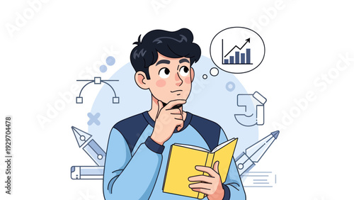 Young man contemplating financial growth chart and book in thought bubble