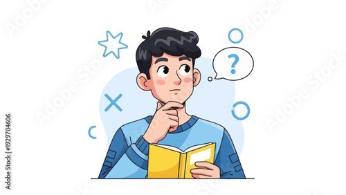 Young man contemplating financial growth chart concept illustration