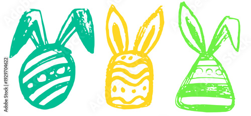 Set of colorful hand drawn Easter eggs with bunny ears. Doodle vector illustration.