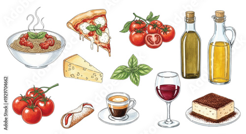 Italian Food and Drink Watercolor Illustration Set